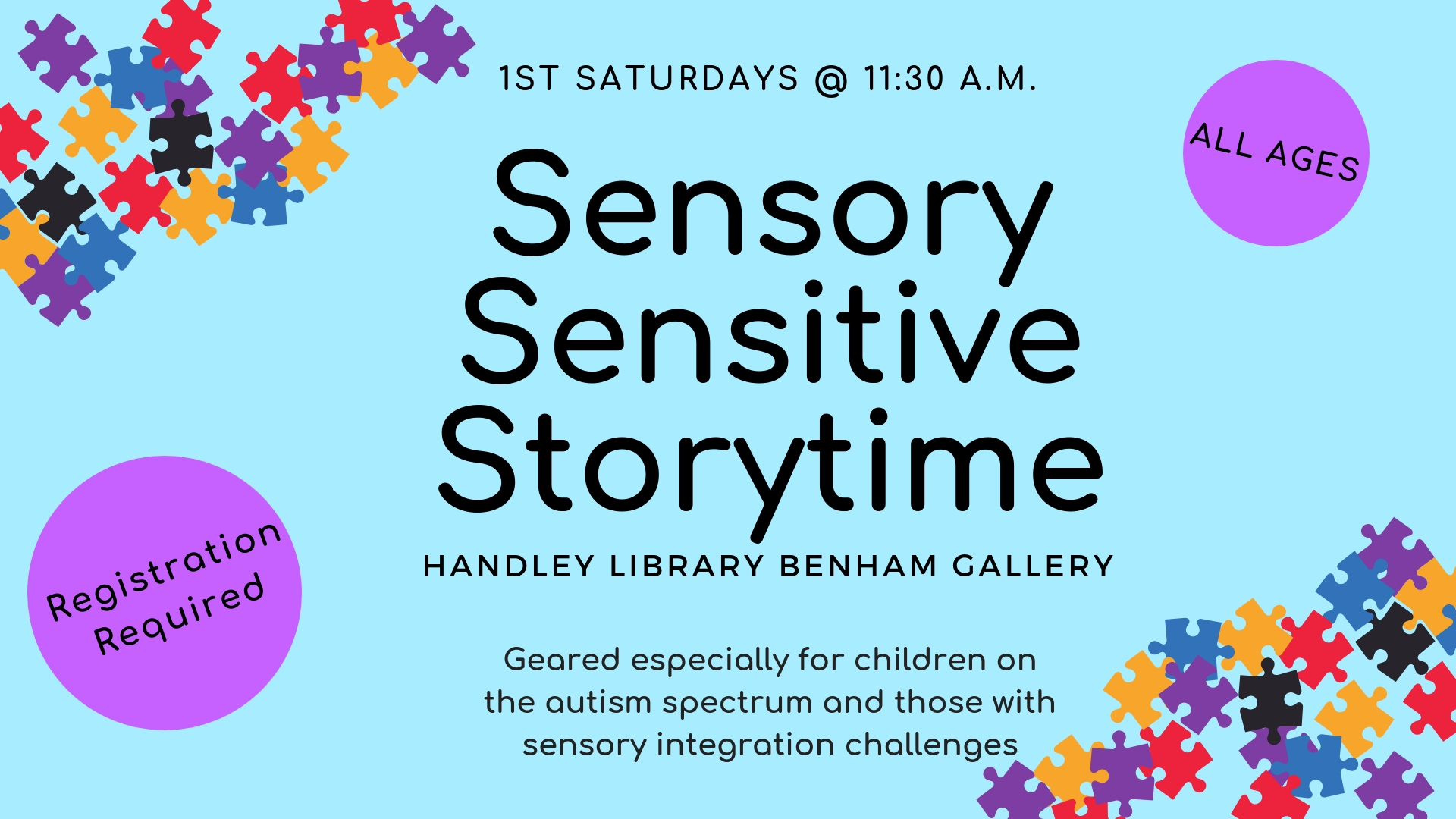 Informational banner for Sensory Sensitive Storytime with time, dates, and location of event series