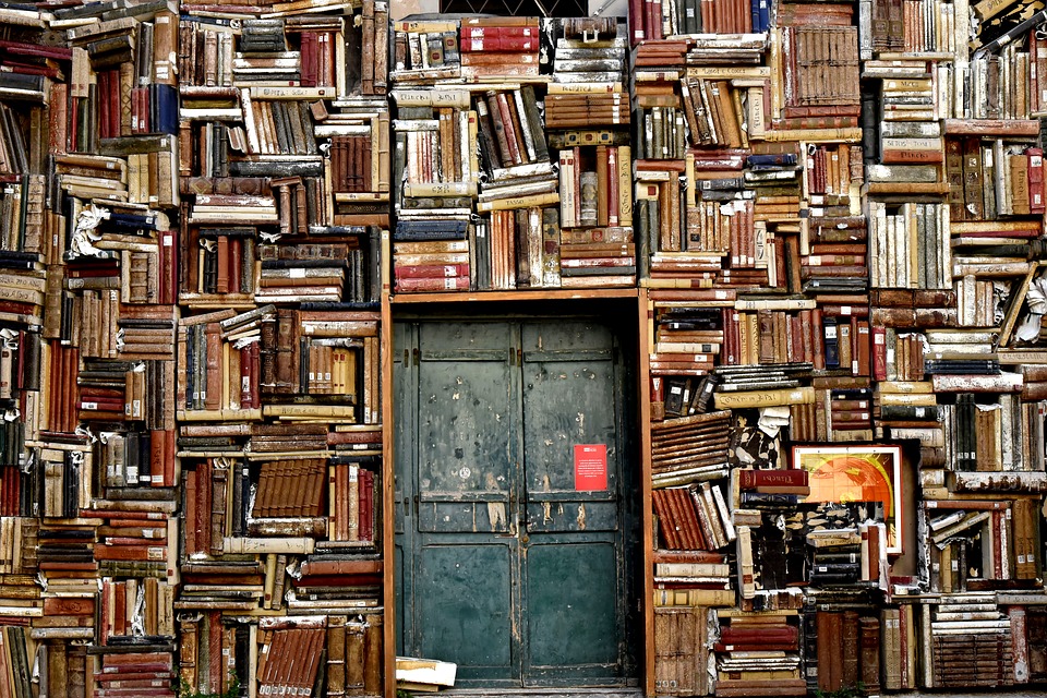 Door surrounded by wall of books