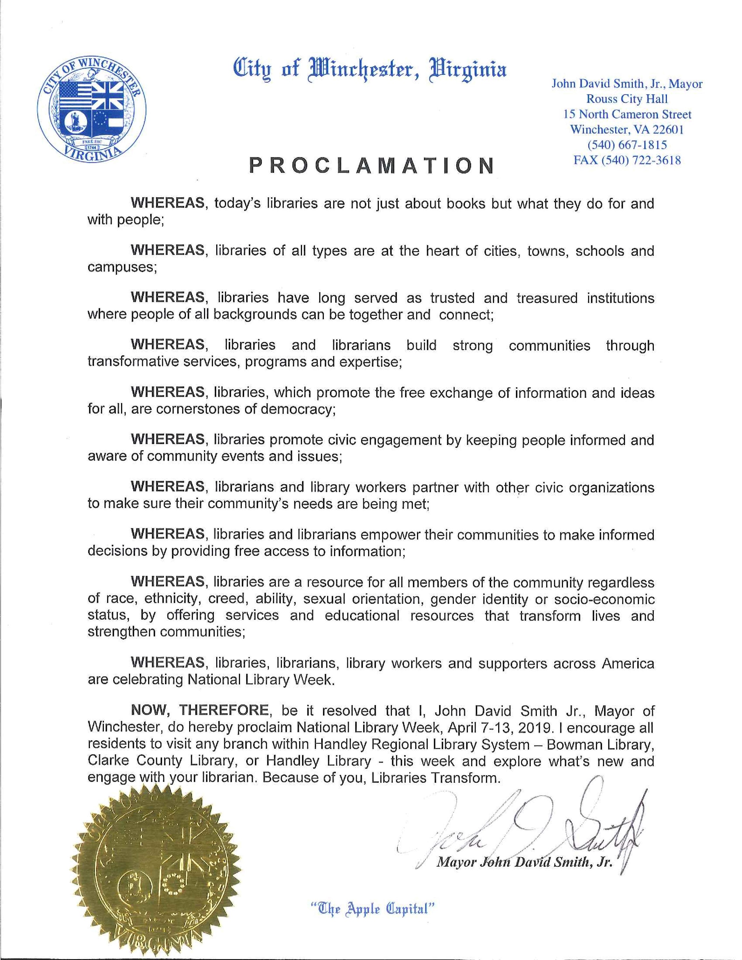 Proclamation for National Library Week