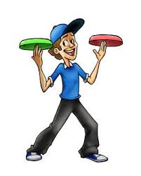 logo of The Frisbee Guy, man standing  spinning two frisbees in his hands