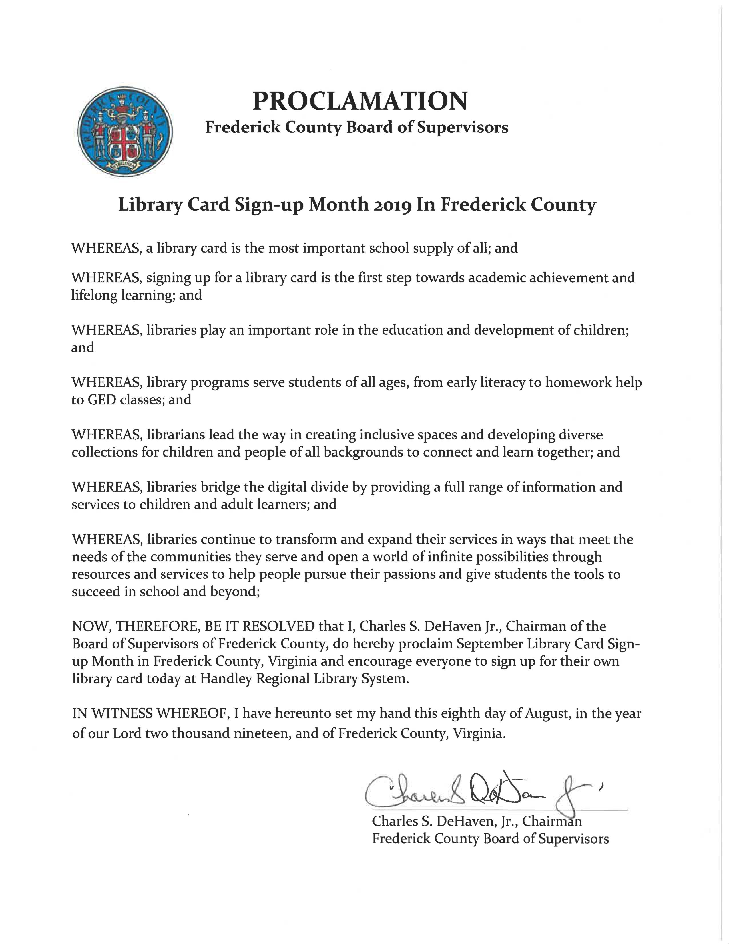 Proclamation for Library Card Sign-up Month | Handley Regional Library ...