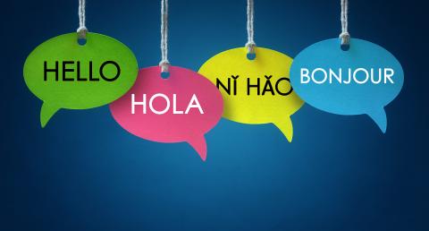 Speech bubbles with "hello" in different languages.