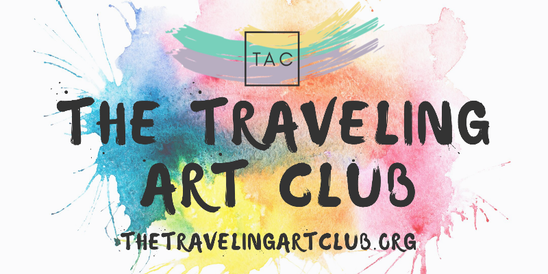 The Traveling Art Club on a backdrop of splotches of paint