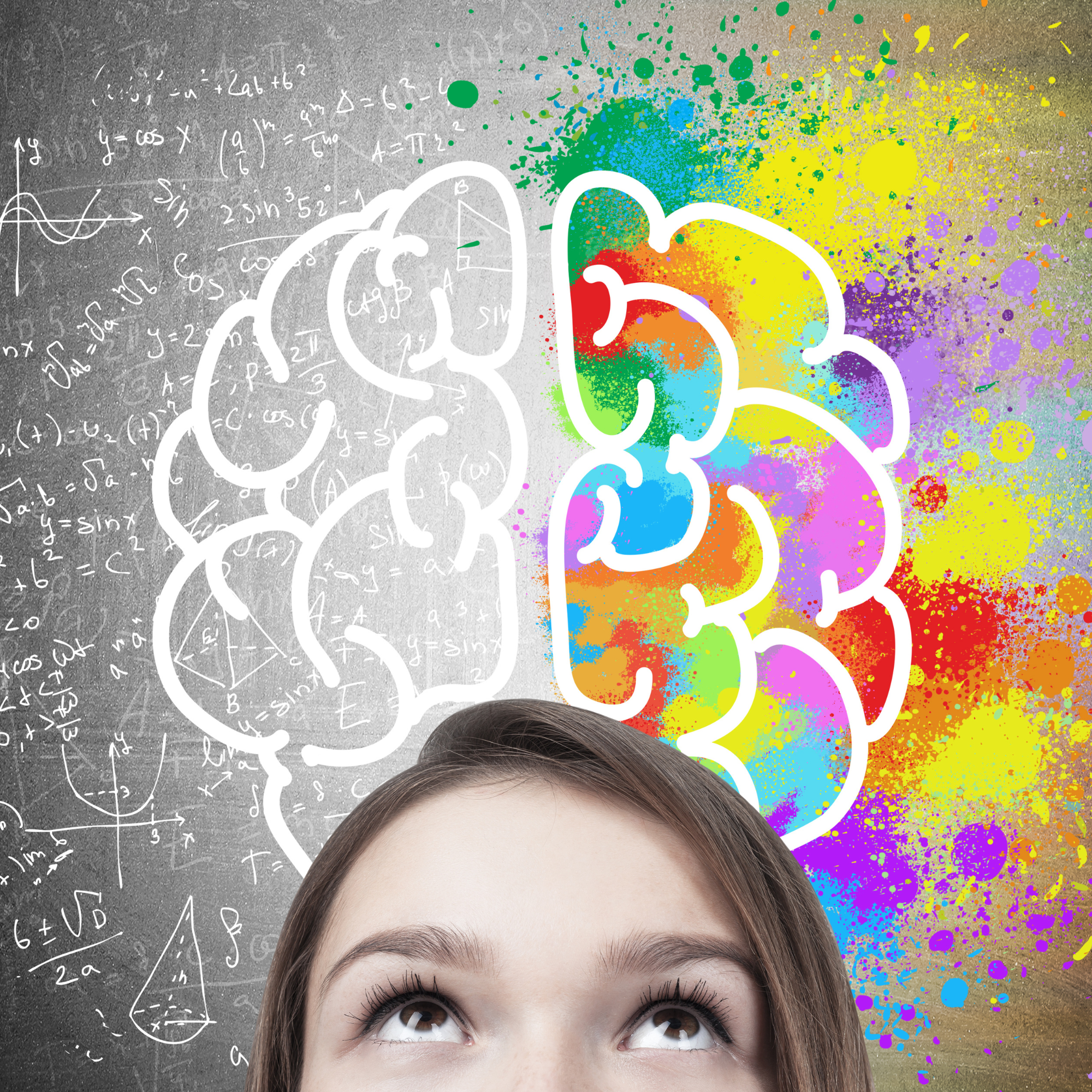 Teen looking up with a drawing of a brain with colors flowing from it