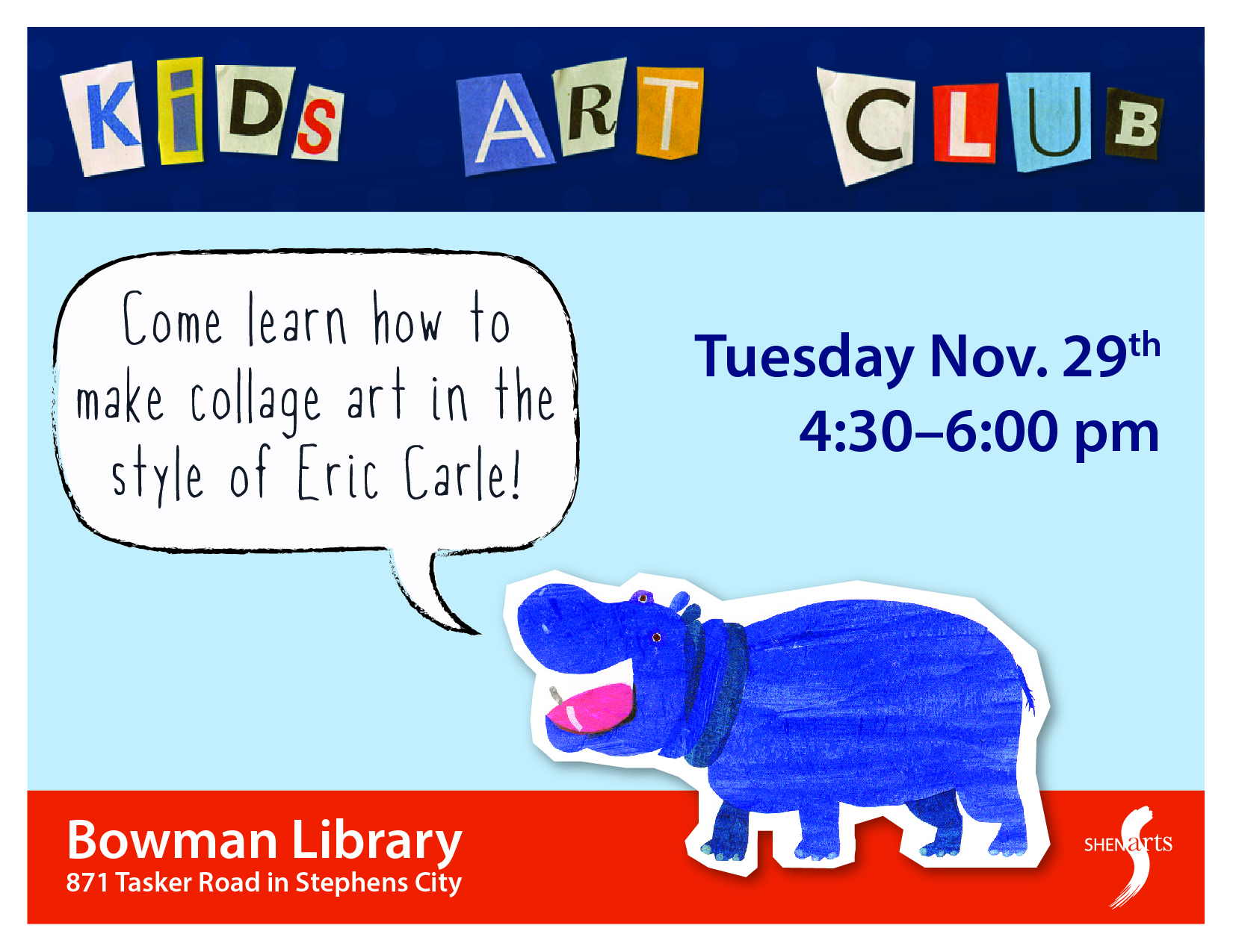 Kids Art Club promotional poster that shows a talking hippo