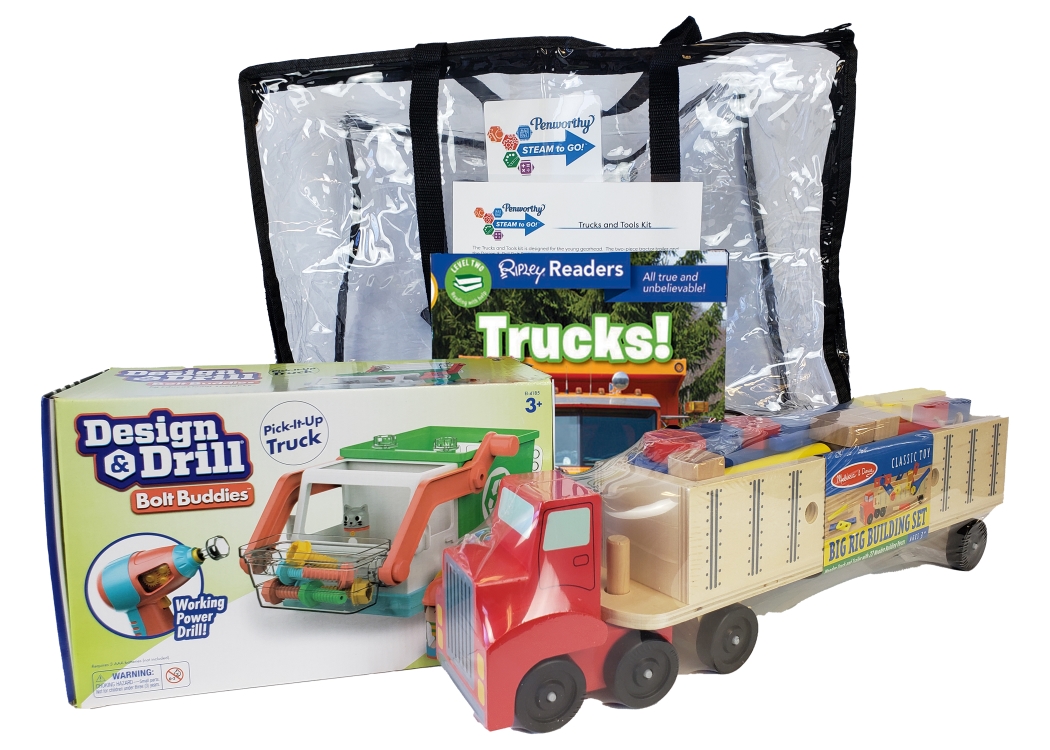 Example STEAM to Go kit shows toy truck, carrying case, and packaging