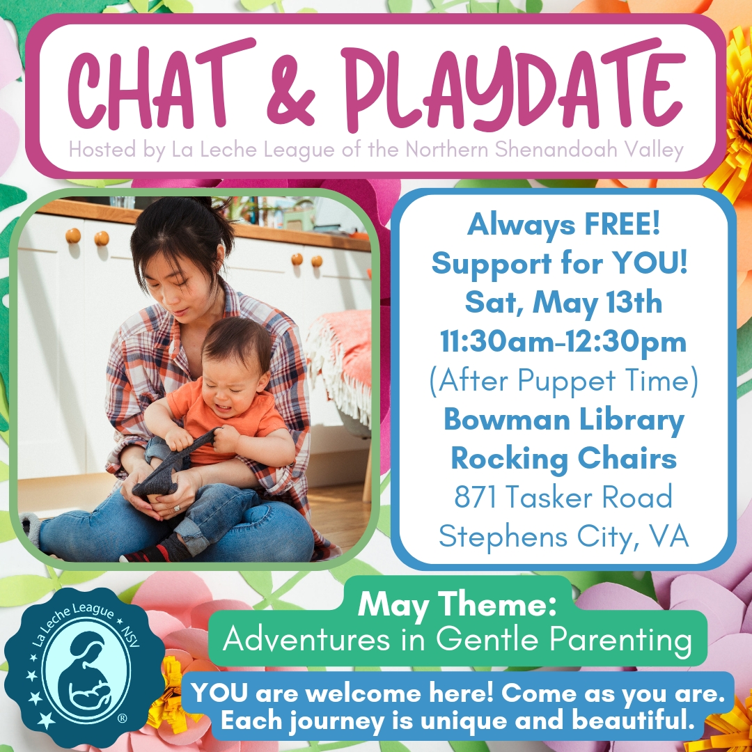 Colorful Chat and Playdate promotional poster featuring a mother and frustrated baby.