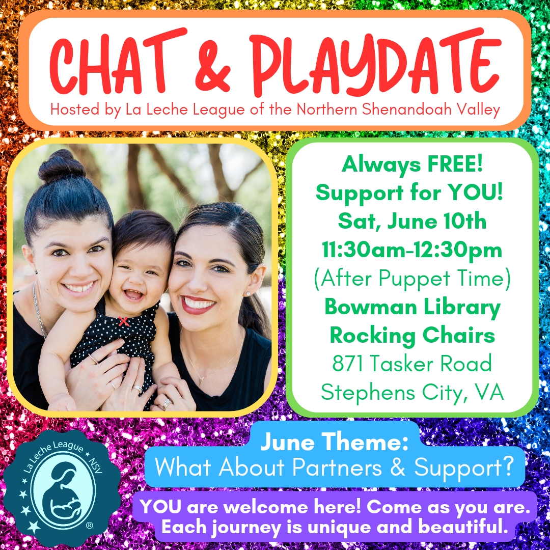 Colorful Chat and Playdate promotional poster featuring two smiling moms and a baby.