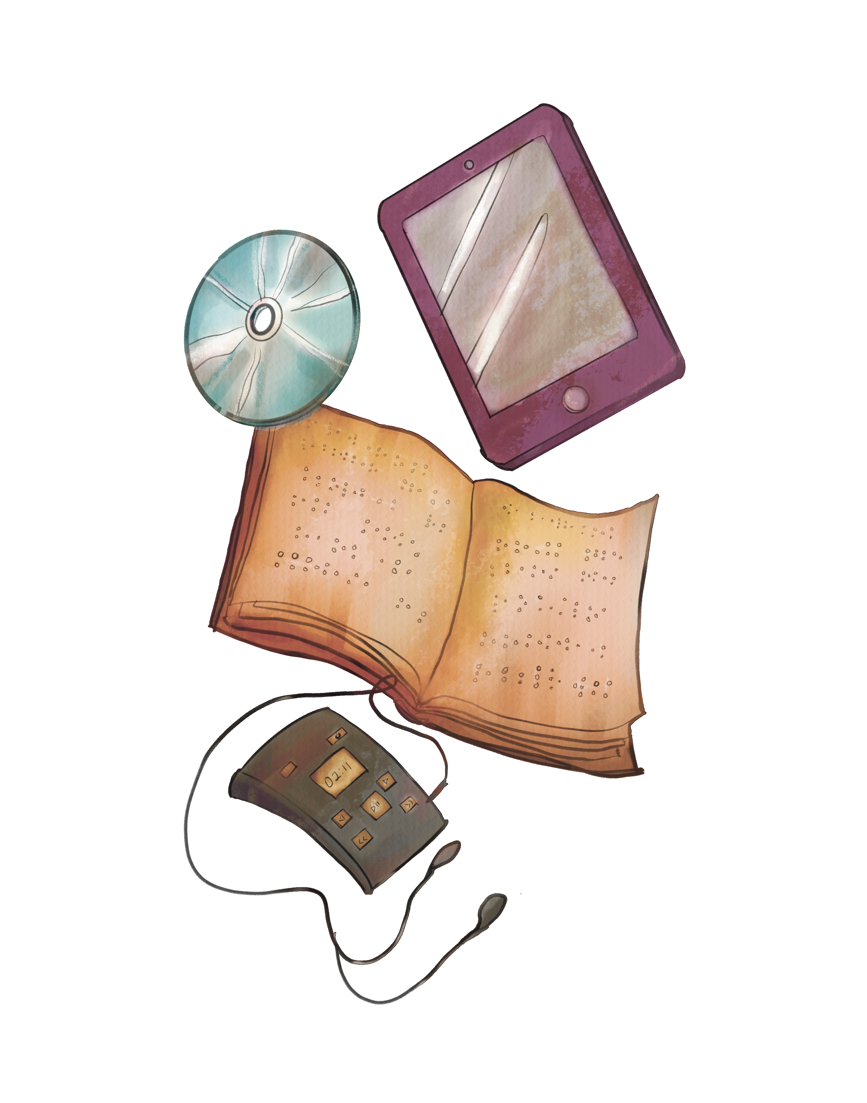 Book, CD, MP3, and tablet for reading