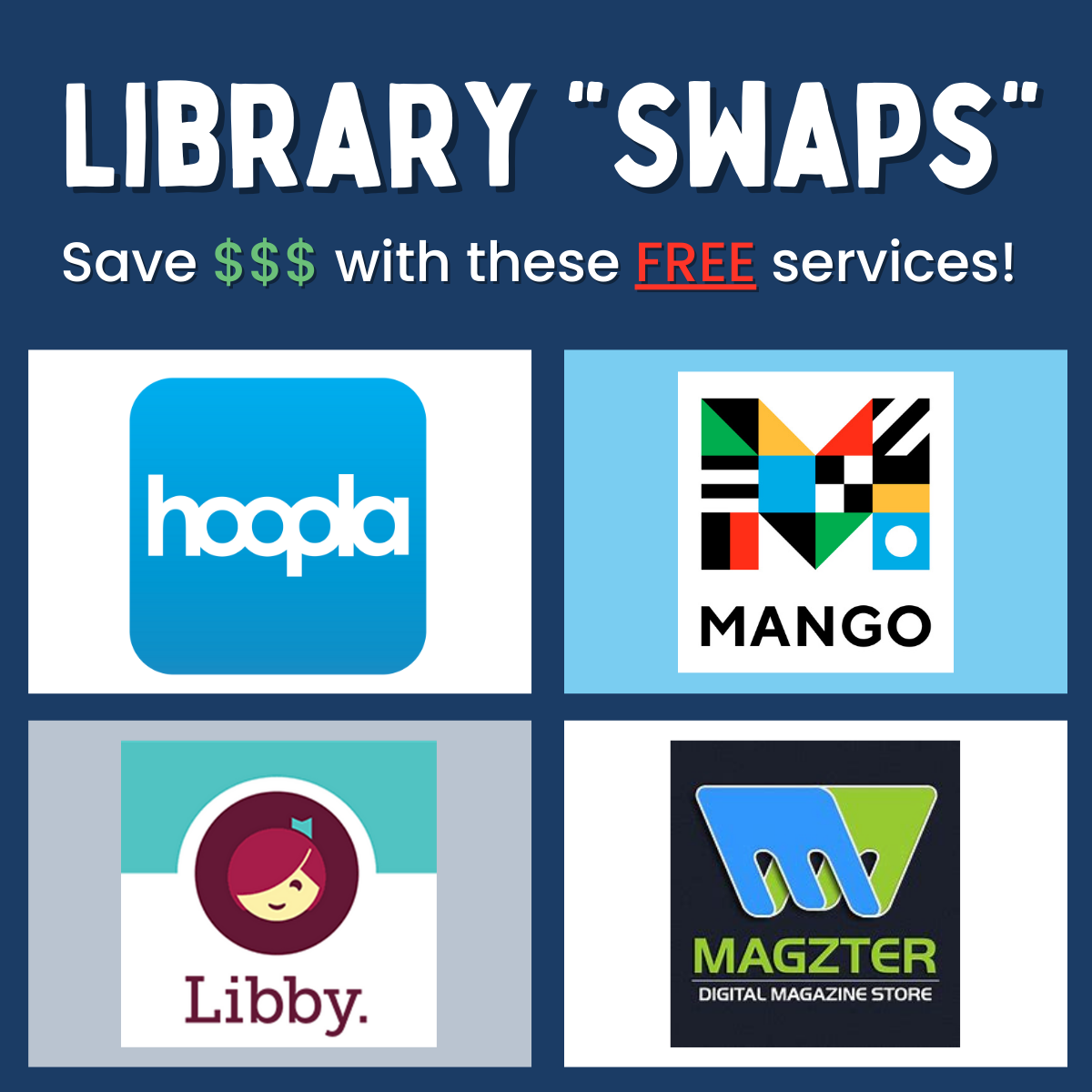 Library Swaps; Save money with these free services; logos for hoopla, Mango, Libby, and Magzter