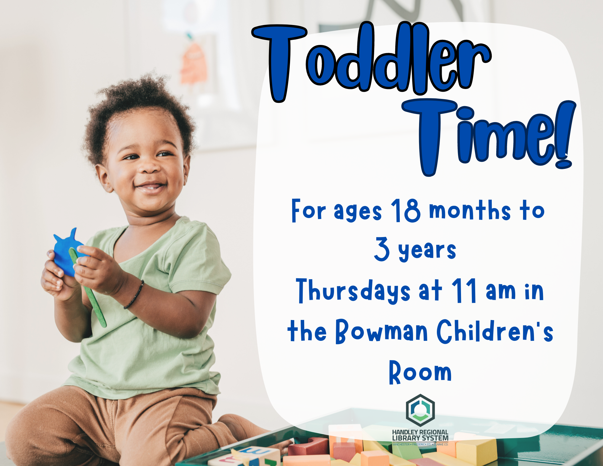 Toddler Time promotional poster with a smiling toddler holding a blue toy