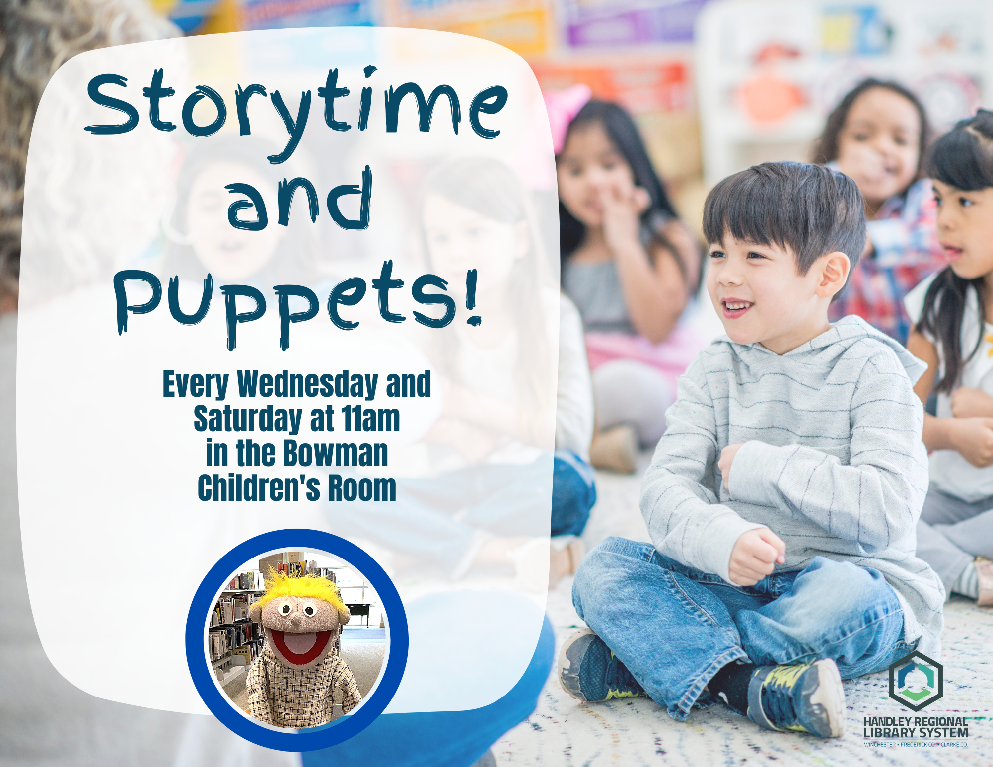 Storytime and Puppets promotional poster showing smiling children sitting and listening