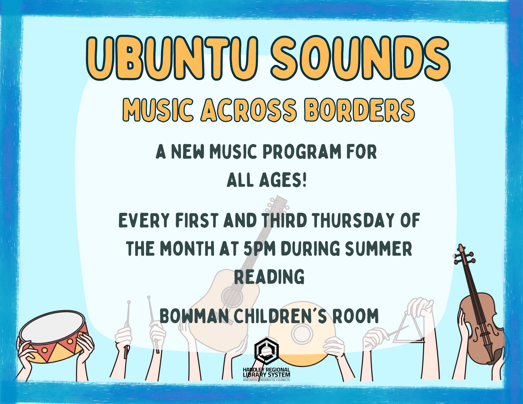 Ubuntu Sounds Promotional Poster with blue background and hands holding instruments along the bottom edge
