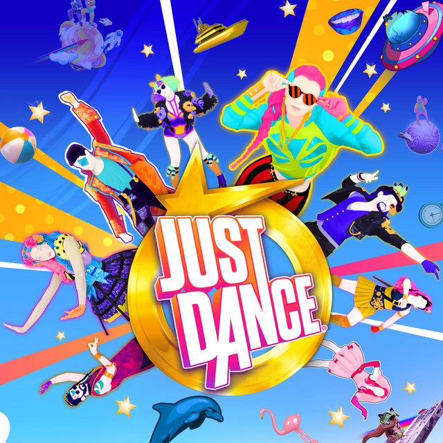 The Just Dance logo with a variety of colorful characters surrounding it.