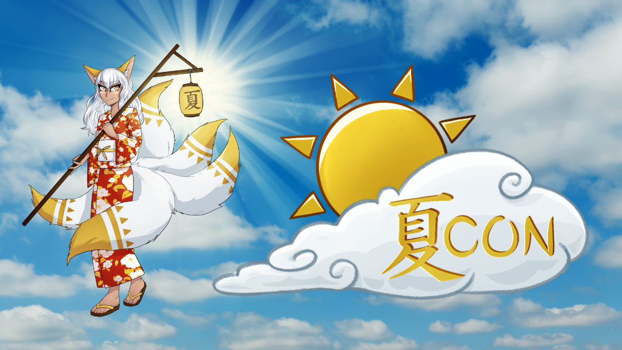 The Natsu Con mascot standing near the sun, with the Natsu Con logo to his right.