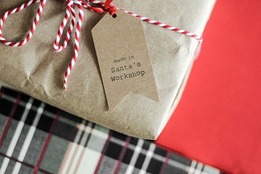 A Christmas present with made in Santa's Workshop on the tag