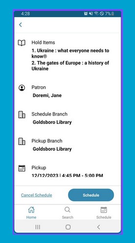Schedule screen for MyLibro Curbside Pickup
