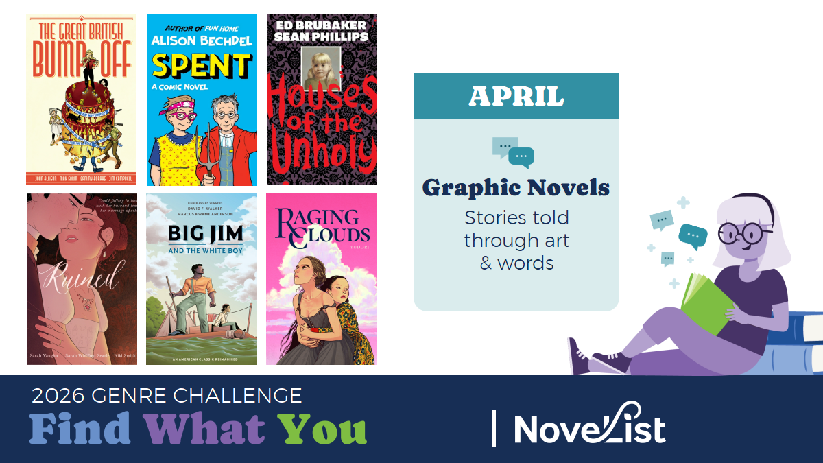 Images of six book covers accompanied by text reading "April- Graphic Novels:  Stories told through art & words," with the footer text "2026 Genre Challenge: Read What You Like | Novelist"