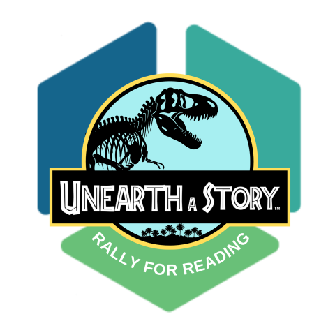 Handley library logo with dinosaur in the center and text that reads: Unearth a story, Rally for Reading.