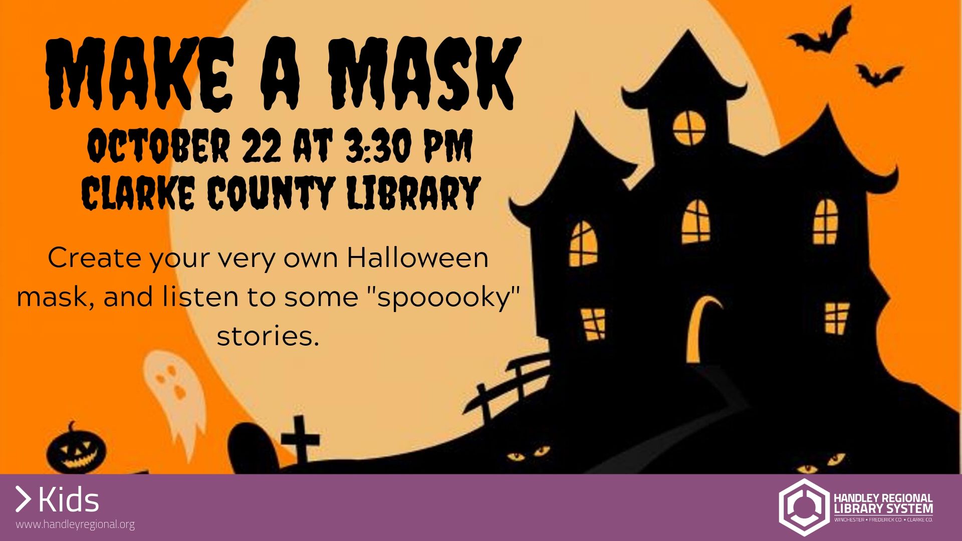 haunted house with bats and pumpkins around with make a mask event info