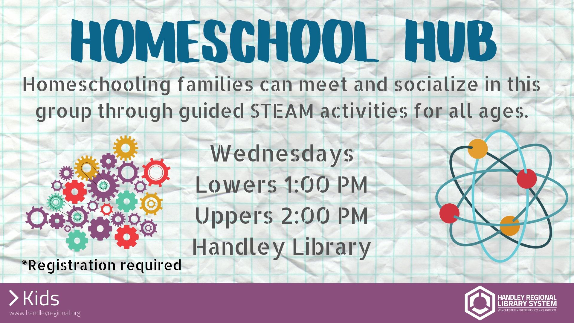 atoms spinning around with homeschool hub event info