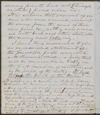 Image shows a page from Captain James William Gray’s account of John Brown’s Raid on Harpers Ferry in 1859