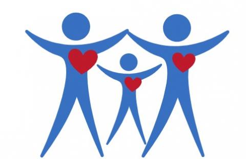 simple graphic of two adults and a child arms wide blue with red hearts on chest