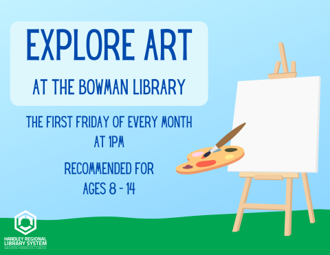 Art Exploration promotional poster with an easel and paint pallet on a blue and green background. Shows event date and time