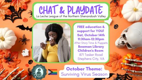 A pregnant mother checks her temperature with a thermometer, and holds a tissue up to her nose.