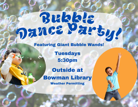 Bubble Dance Party with bubbles in the background and kids playing with bubbles 