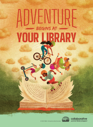 drawing of children riding bikes over a book with text that reads "adventure begins at your library"