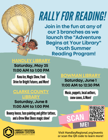 Rally for Reading flyer with events happening at all 3 branches