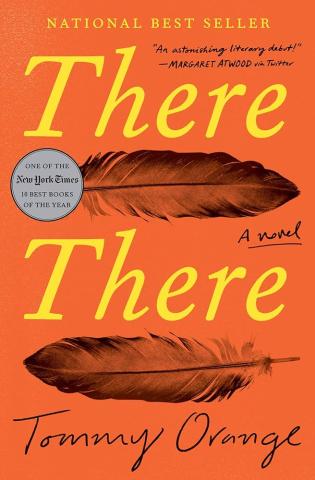 the cover of an orange book with 2 black feathers and the title "There, There"