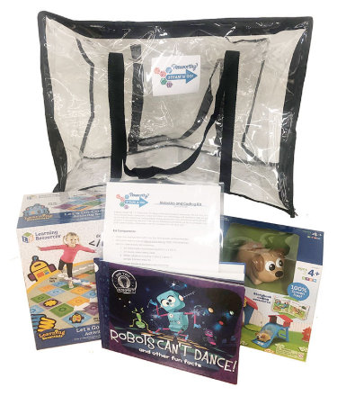 STEAM-to-go Kit with robot book, and coding/robotics games.