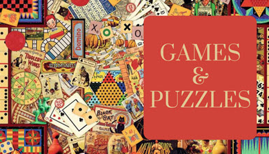Board game and puzzle piece background with a red square on the right side reading "Games & Puzzles."