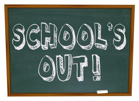 black chalkboard with the words school's out written in white chalk