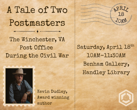 Image is made to look like a post card. There is a photo of the author with a caption that reads: Kevin Dudley, Award winning author. Event title reads: A Tale of Two Postmasters: The Winchester, VA Post Office During the Civil War. Saturday, April 18th, 10am to 11:30am in the Benham Gallery in the Handley Library.