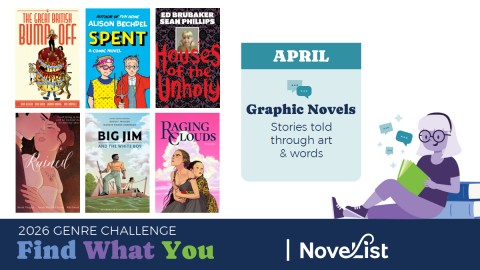 Images of six book covers accompanied by text reading "April- Graphic Novels:  Stories told through art & words," with the footer text "2026 Genre Challenge: Read What You Like | Novelist"