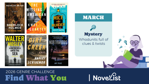 Images of six book covers accompanied by text reading "March - Mystery:  Whodunits full of clues & twists," with the footer text "2026 Genre Challenge: Read What You Like | Novelist"