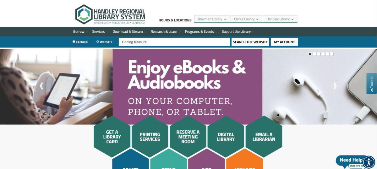 image of Handley Website landing page Finding Treasure! typed into search field