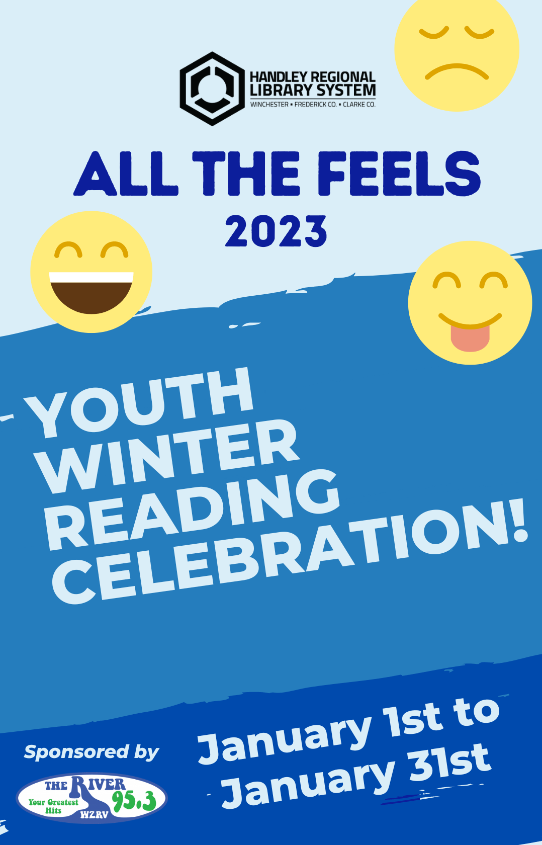 Blue All the Feels promotional poster with yellow emojis