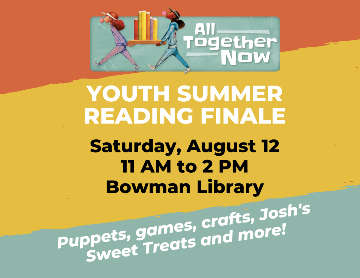 Informational poster for summer reading finale featuring stripes of red, green, and yellow.