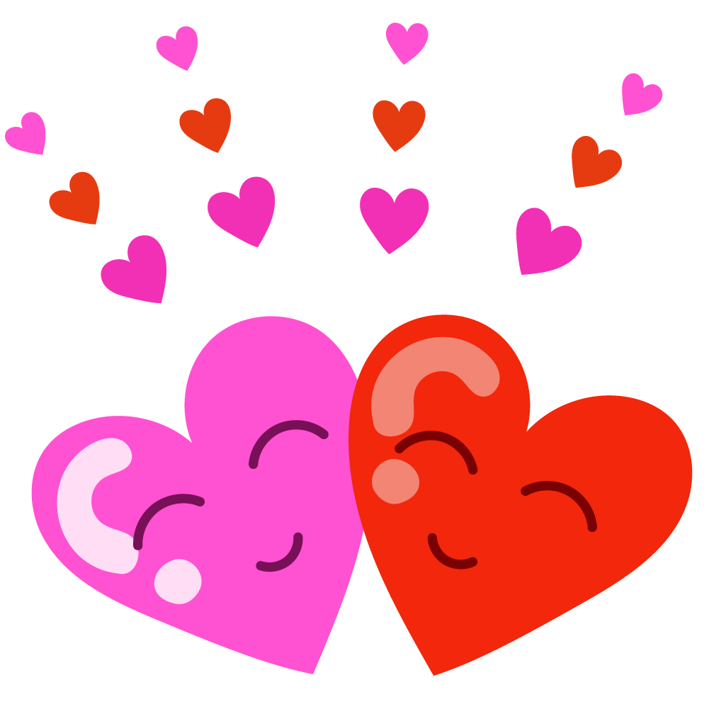A pink heart and a red heart smiling and cuddling.