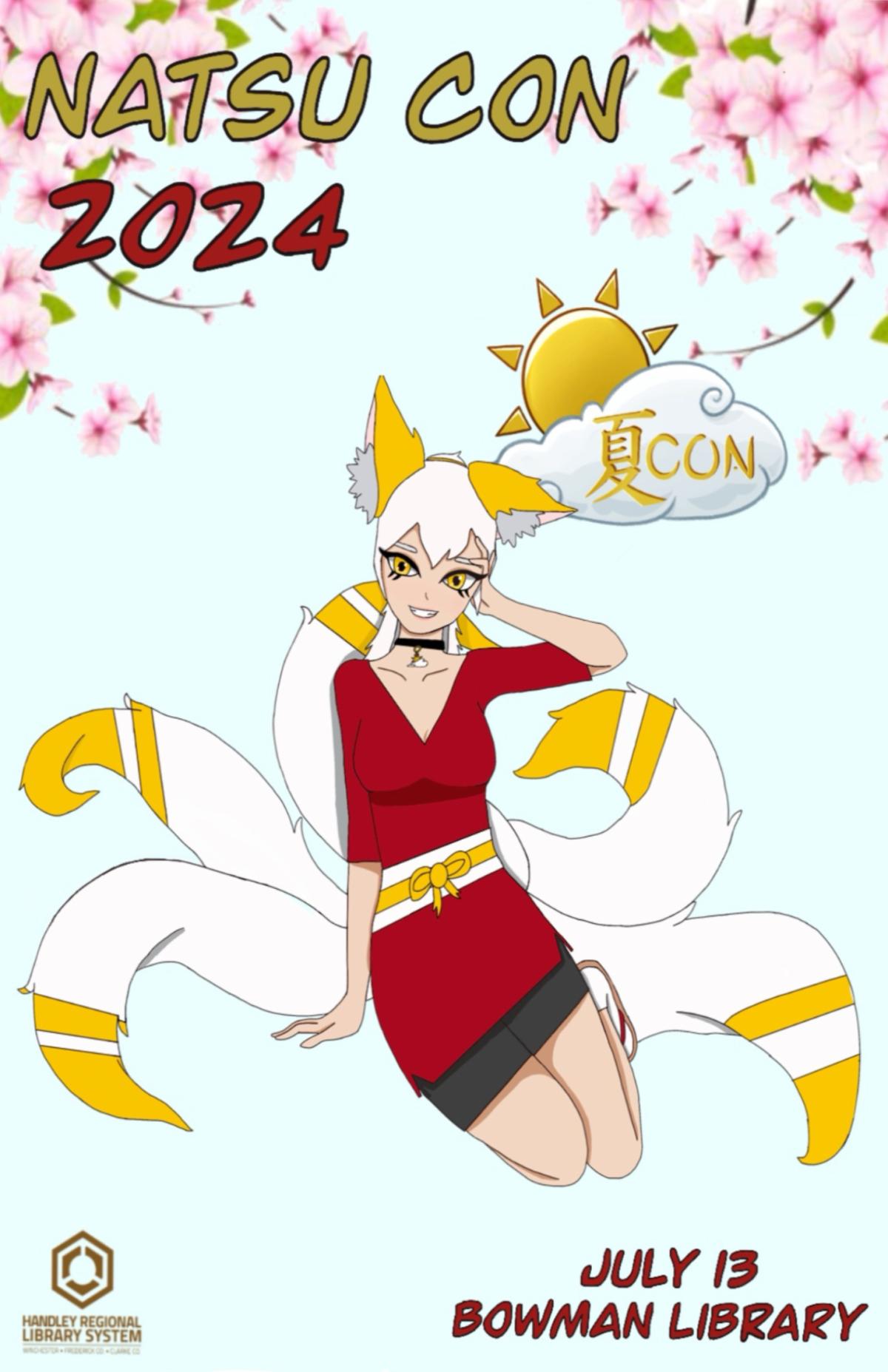 Natsu Con 2024 with anime fox character sitting below cherry blossoms