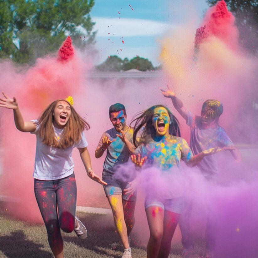 children running in clouds of color