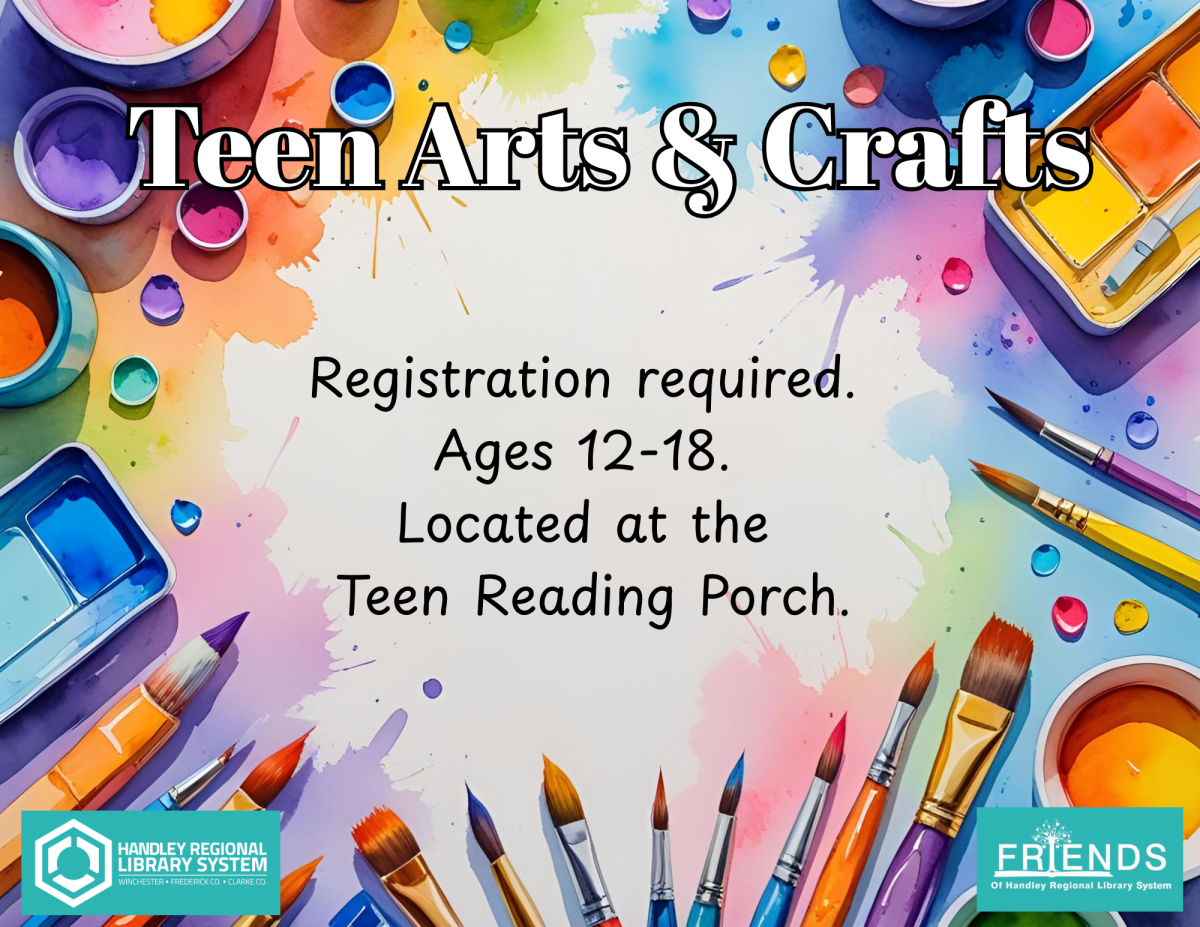 Art supplies border the poster