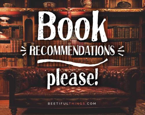 Book Recommendations graphic showing a full bookshelf and leather couch with the words "Book Recommendations Please!"