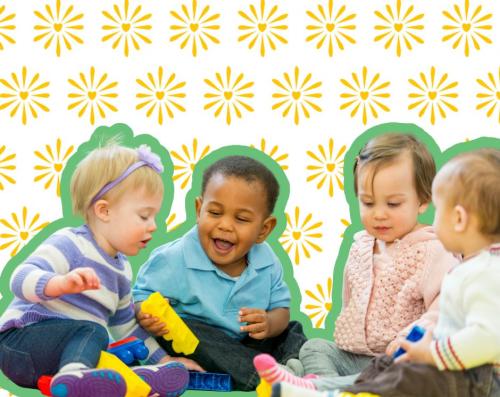 Group of four diverse babies about one year old interacting at playgroup with blocks and each other