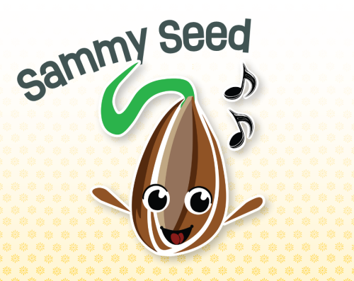 Cartoon seed with a small green sprout and a sweet, smiling animated face. Music notes float to the right side. "Sammy Seed"