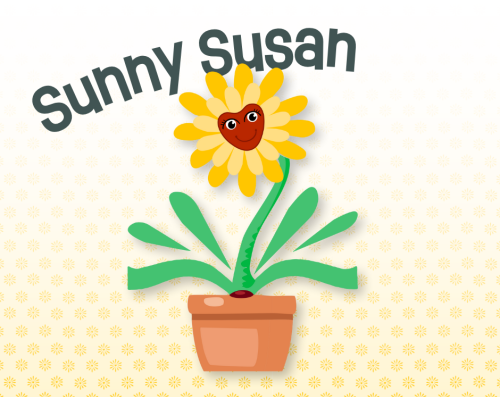 Cartoon yellow flower with a heart face and green leaves growing out of a pot. "Sunny Susan"